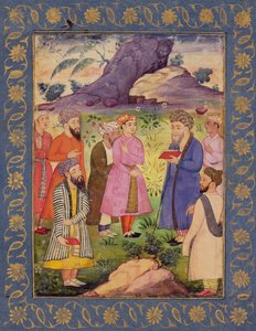 Un giovane nobile con attendenti in un paesaggio, dal Grande Album Clive da Mughal School